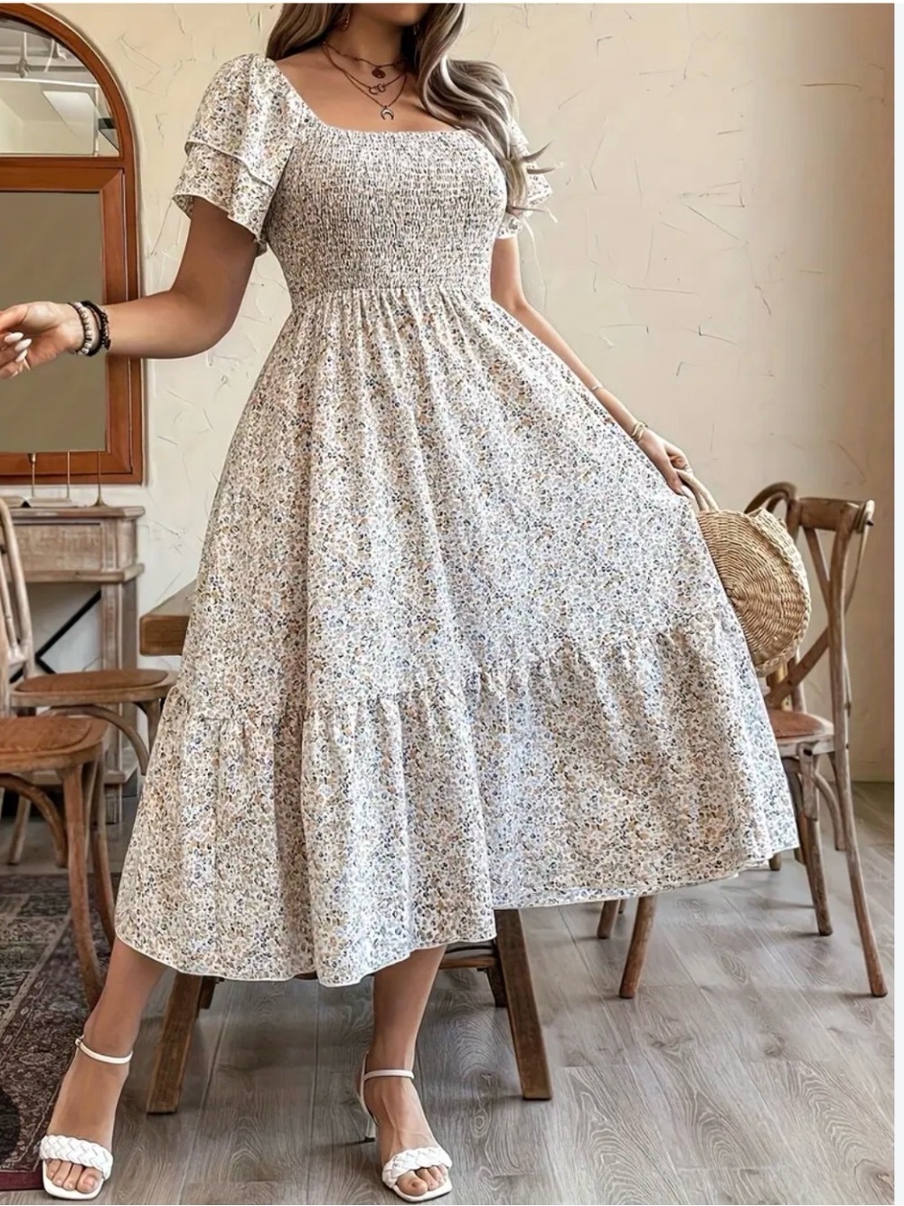 Smocked Square-Neck Floral Maxi Dress in Cream